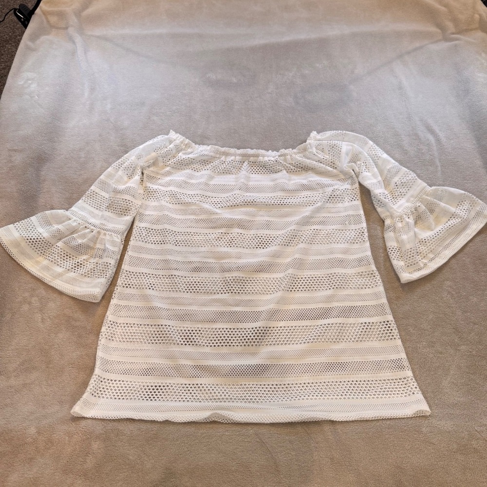 White Crochet Lace Off Shoulder Swim Cover Up Boho Beach Summer Vacation SZ M - Picture 8 of 9